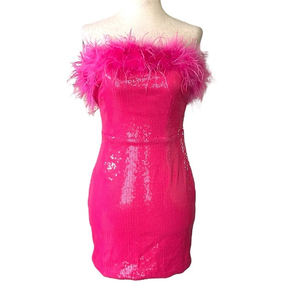 Pink Sequined Feather Trim Mini Dress - Picture 9 of 11